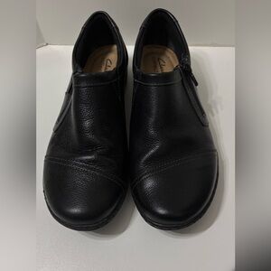 Clarks Women’s Black Leather Zip Slip-Ons